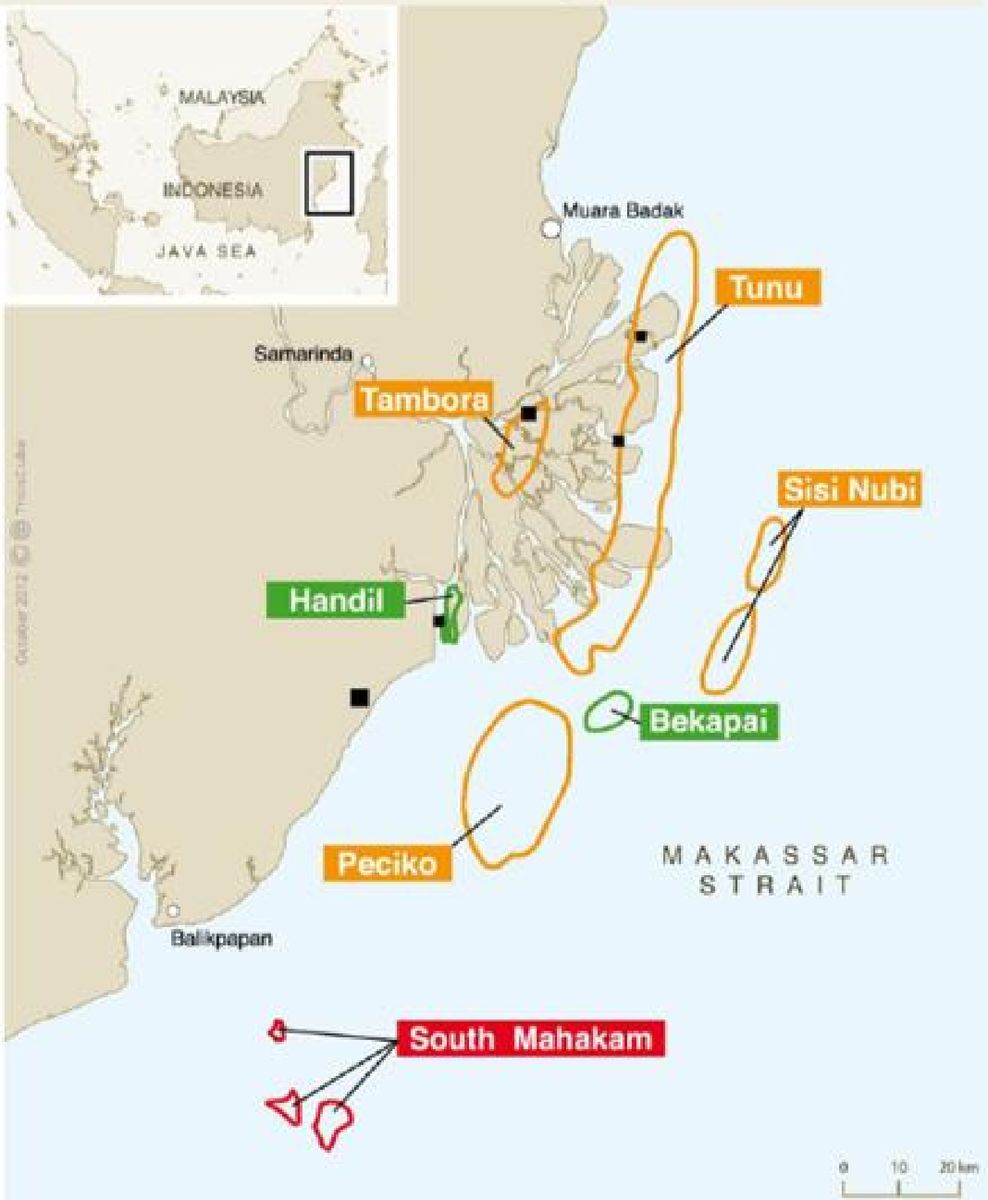 印度尼西亚东加里曼丹海域（马哈坎河三角洲附近）的海上油气田分布示意图